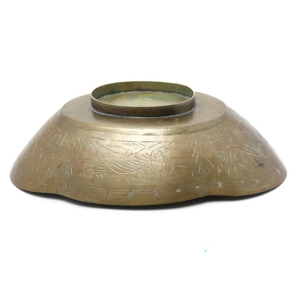 Vintage Chinese Brass Etched Bowl Longevity Prosperity Scalloped Edge Footed - Picture 5 of 13